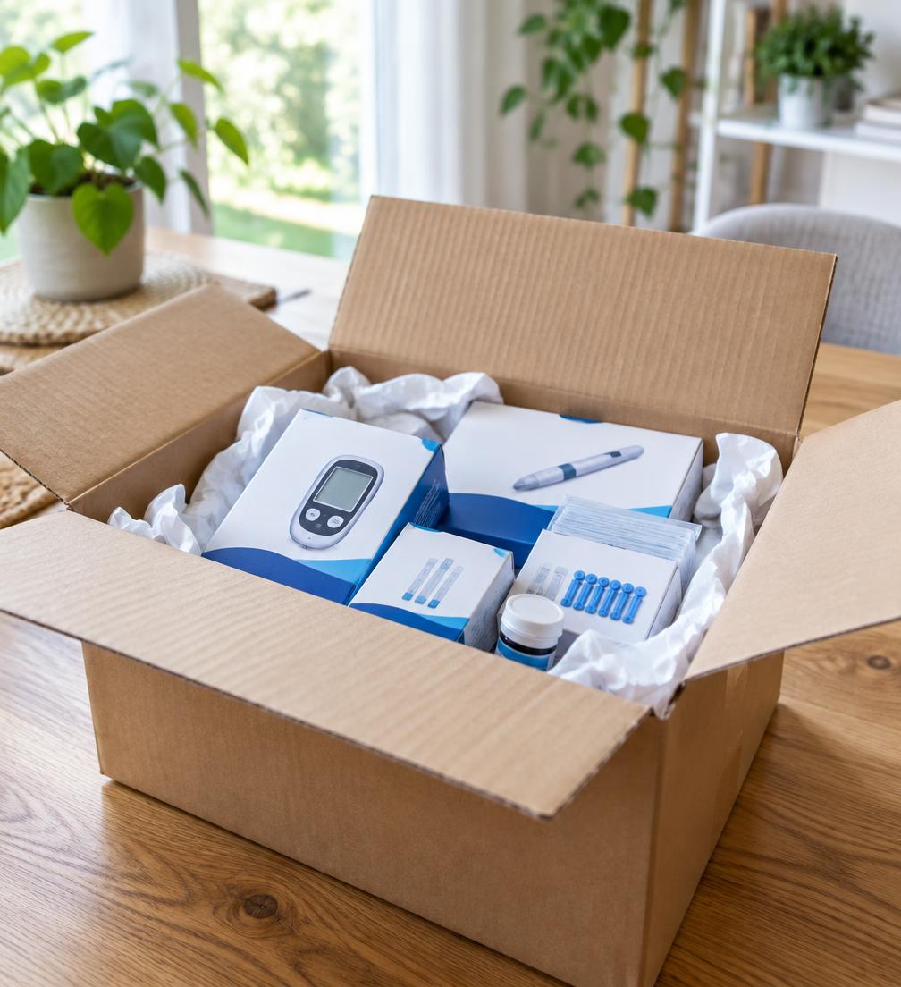 Open shipping box packed with diabetic supplies