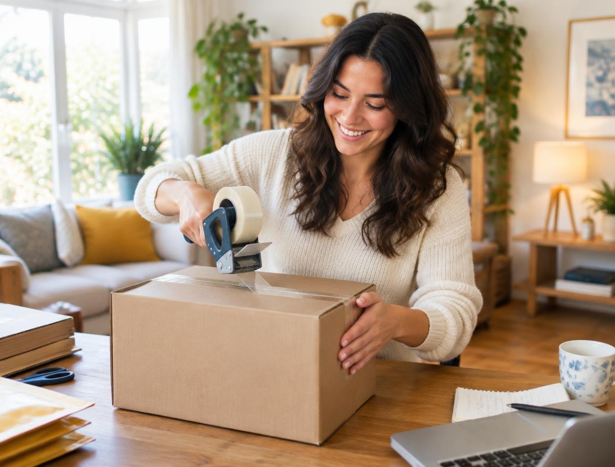 Smiling woman packing a shipping box at home